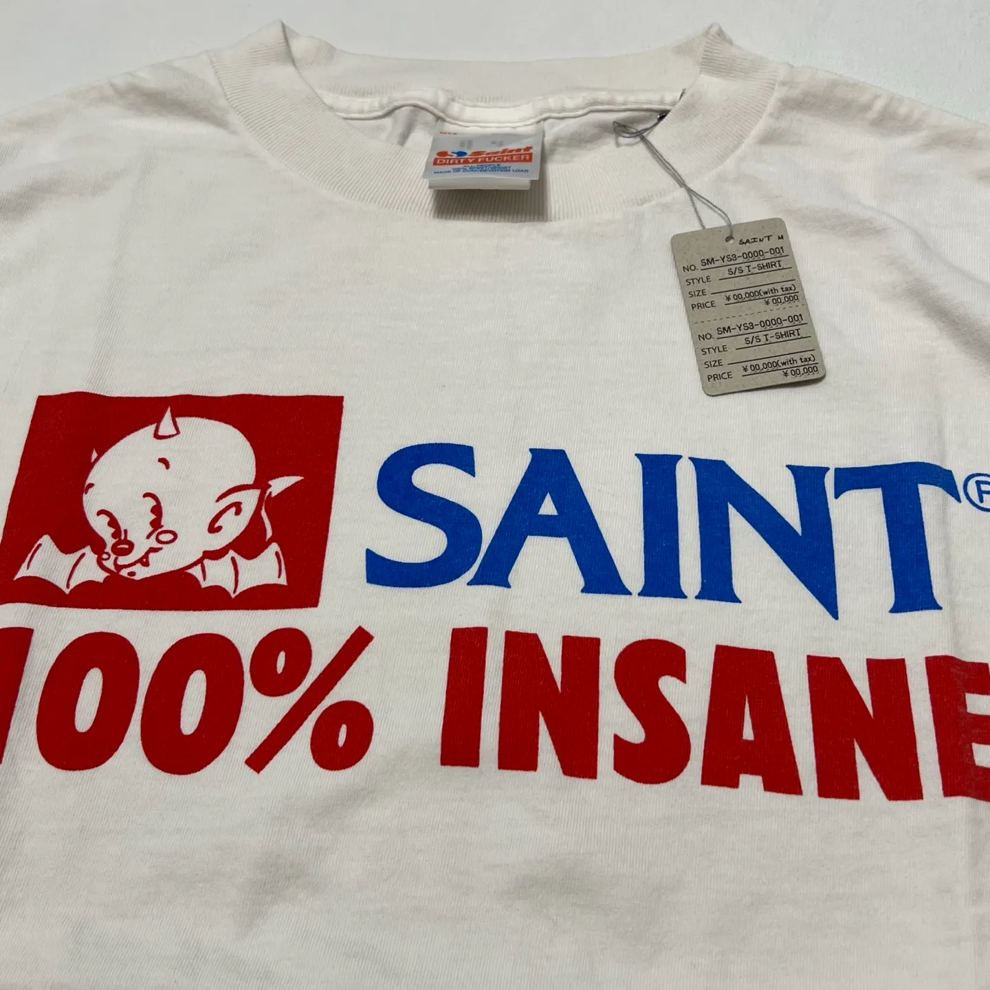 SAINT Mxxxxxx INSANE SS TEE/WHT Little Devil Angel TEE 100% INSANE slogan printed short sleeves off-white S-XL tube-woven fabric without side seams OE yarn original same weight correct version original main mark/wash mark/little angel security code original development no touch printing